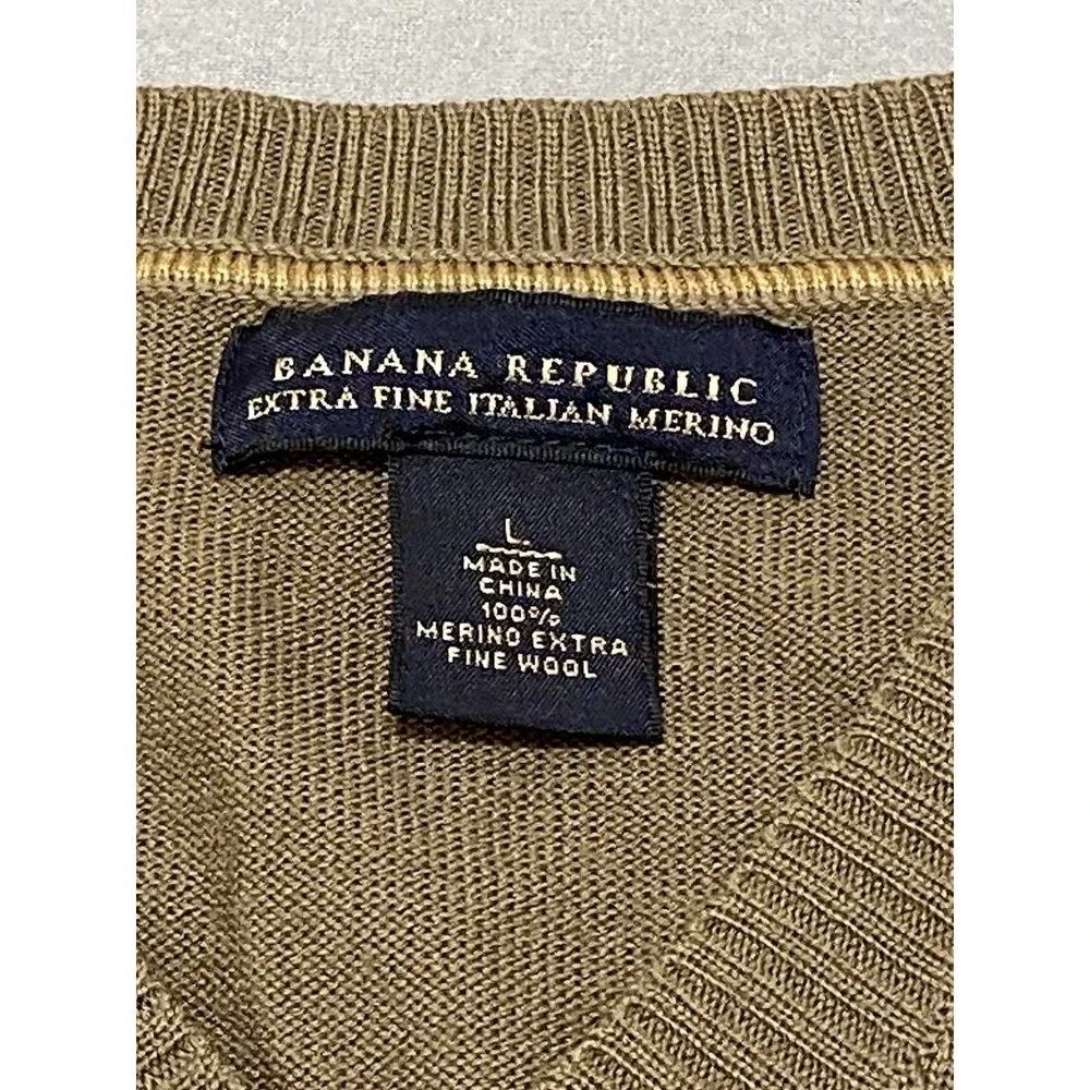 Banana Republic Mens L V-Neck Sweater Olive Brown Extra Fine Italian Merino Wool